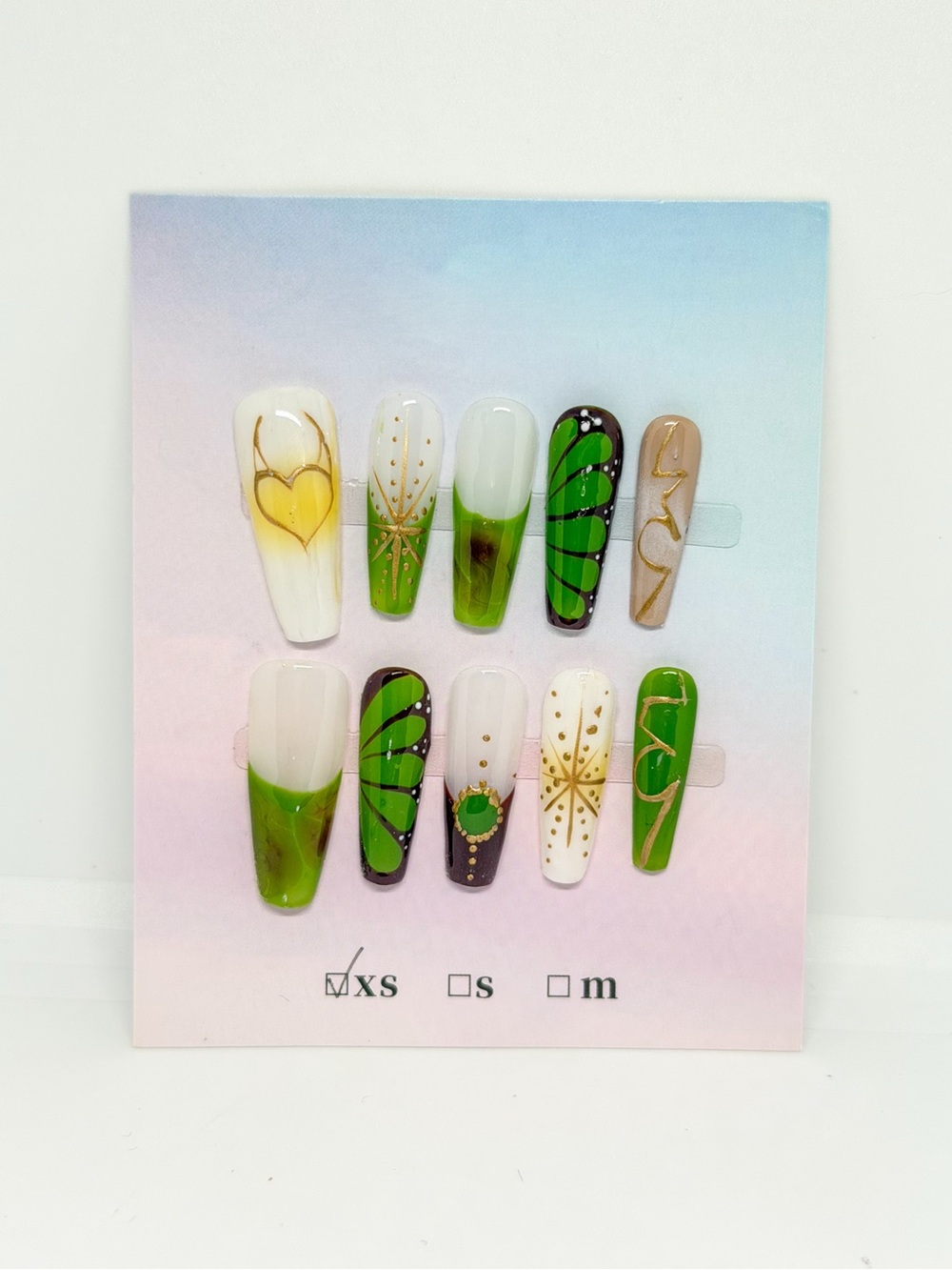 Green & Gold Decorative Press-On Nail Set - Women Accessories